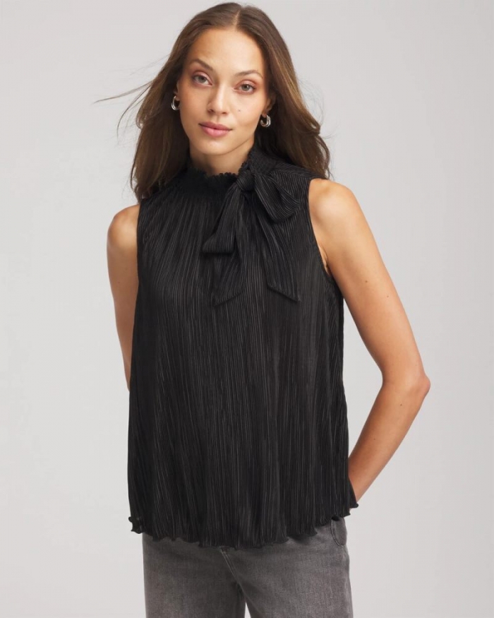 Chicos Pleated Smocked Tie-Neck Top - BLACK