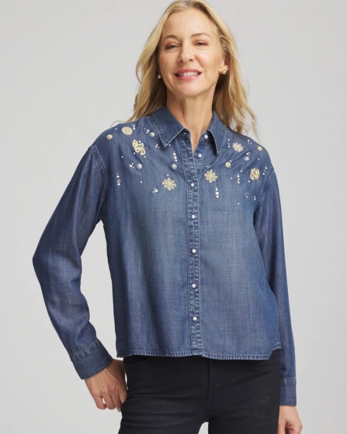 Chicos Embellished Tencel Collar Shirt - KIRUNA INDIGO