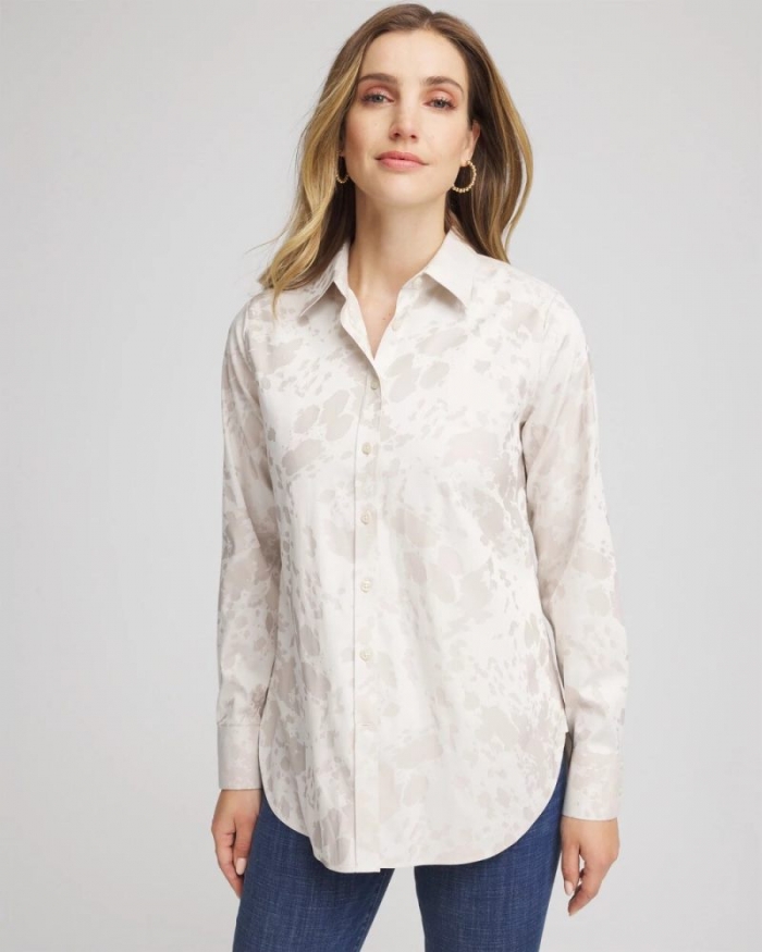 Chicos No Iron Stretch-Sateen Jacquard Shirt - SMOKEY TAUPE