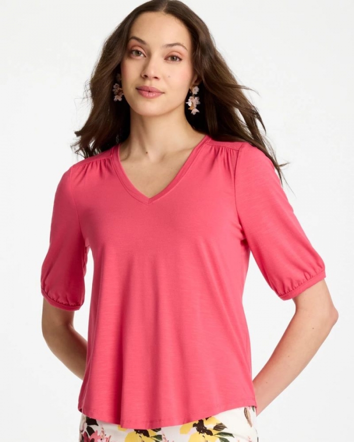 Chicos Shirred Elbow Sleeve Tee - HOT HONEYSUCKLE