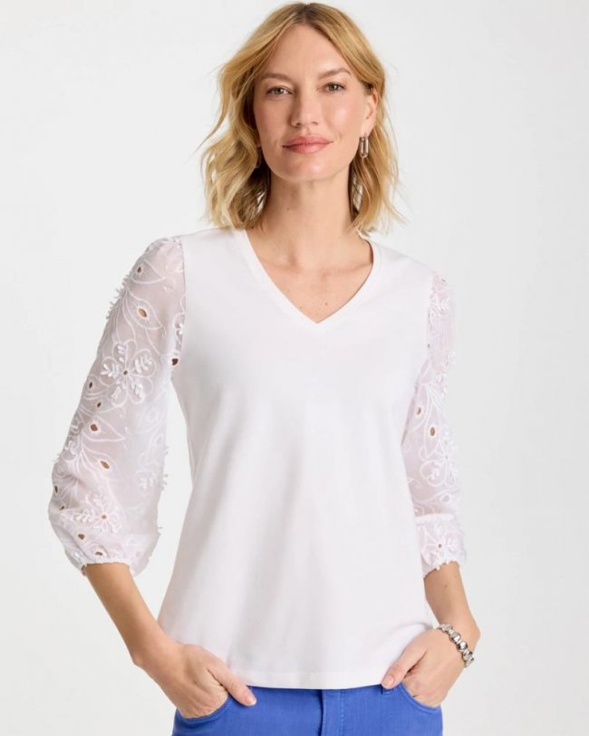 Chicos Floral Eyelet Sleeve Tee - ALABASTER