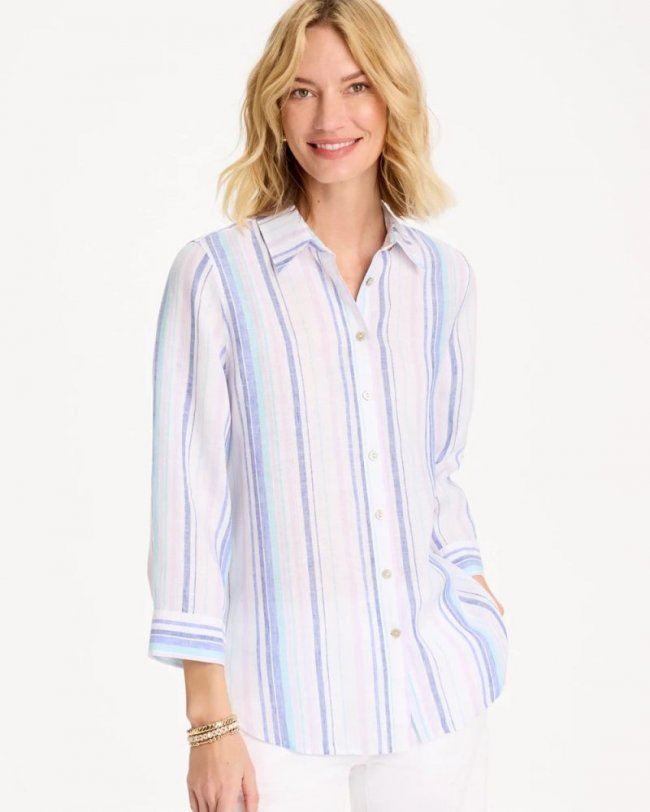 Chicos No Iron Linen Striped Shirt - AMPARO BLUE Chicos No Iron Linen Striped Shirt - AMPARO BLUE