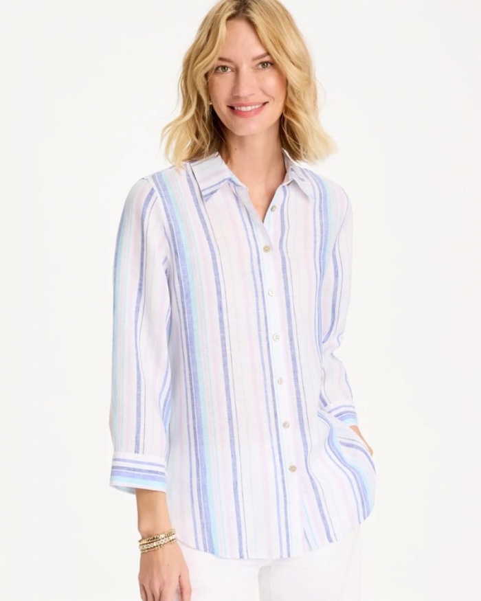 Chicos No Iron Linen Striped Shirt - AMPARO BLUE