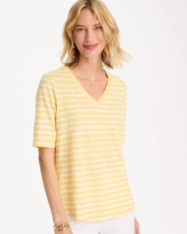Chicos Striped Cotton Slub V-Neck Tee - GOLDEN HAZE
