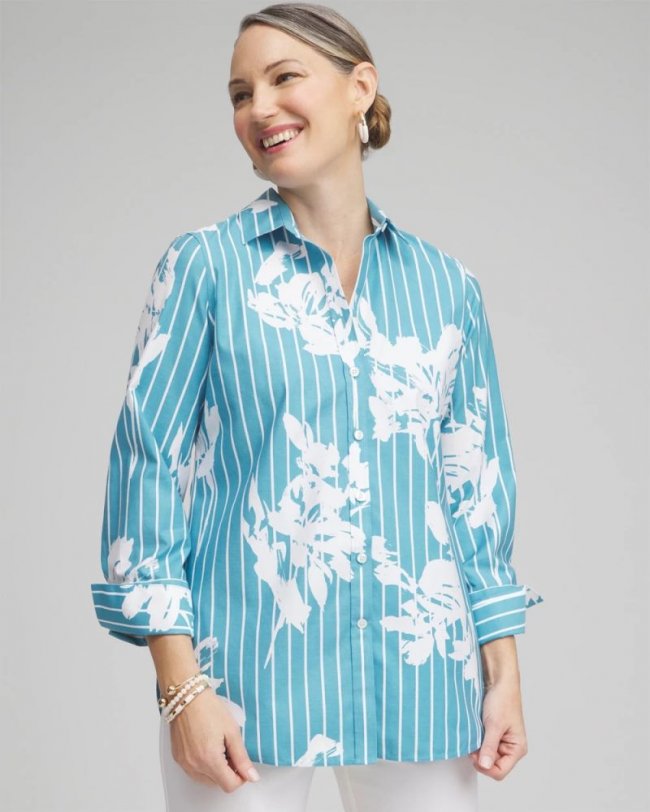 Chicos No Iron Stretch Iris Print 3/4 Sleeve Shirt - COOL WATER