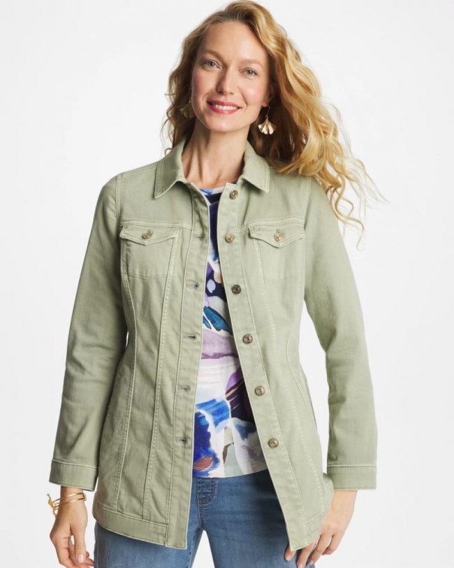 Chicos Elongated Belted Denim Jacket - SEAGRASS GREEN