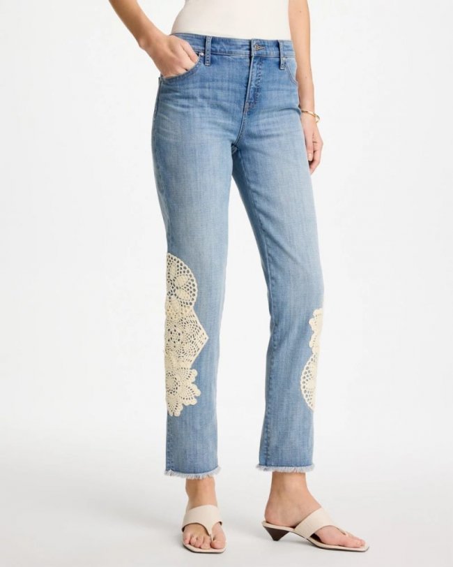 Chicos Girlfriend Slim Crochet Fray Ankle Jeans - CORAL REEF INDIGO