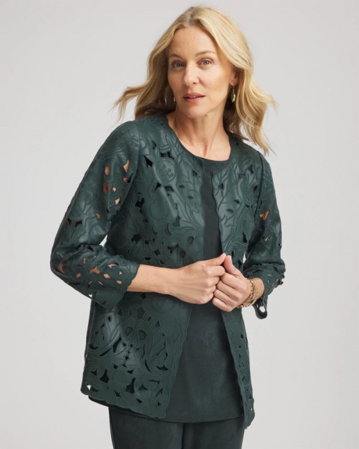Chicos Travelers™ Collection Faux Leather Floral Jacket - DARKEST SPRUCE