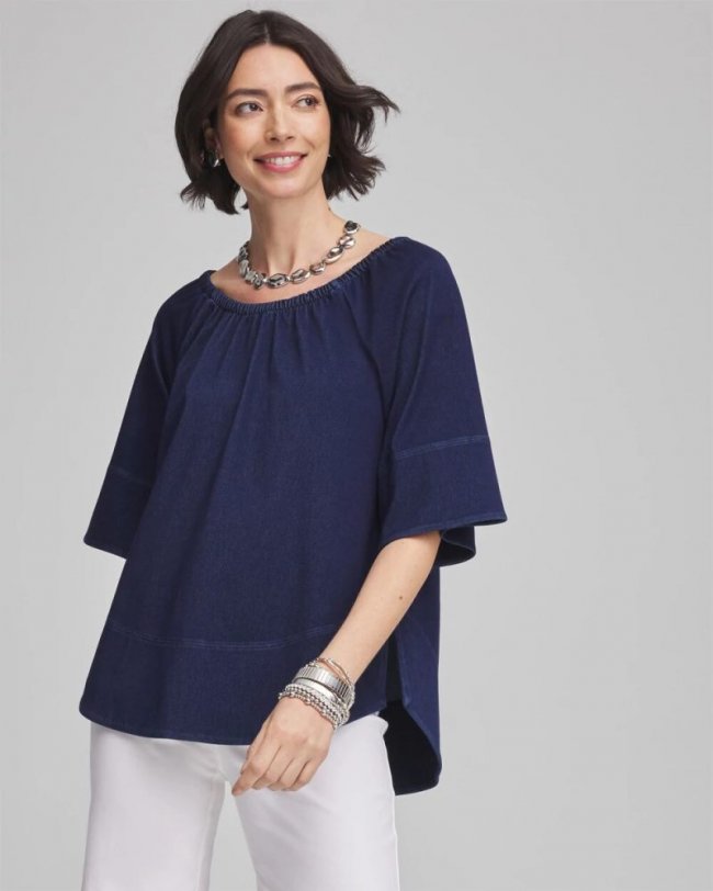 Chicos Off-the-Shoulder Denim Top - DARK DENIM