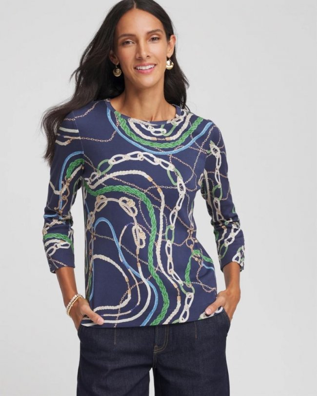 Chicos Status Pima Button Sleeve Tee - HIDDEN SAPPHIRE