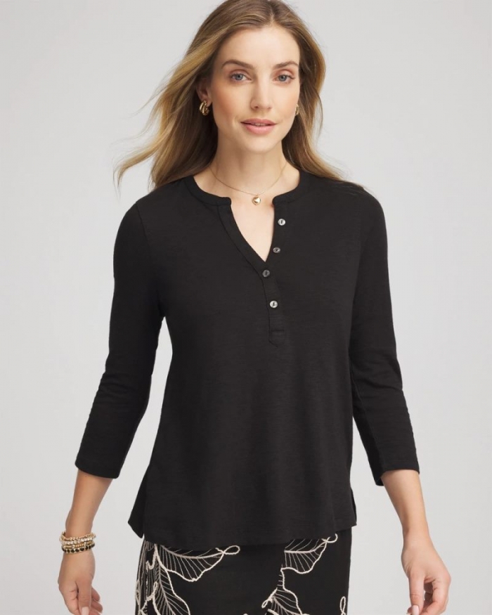 Chicos Cotton Slub Henley Tee - BLACK