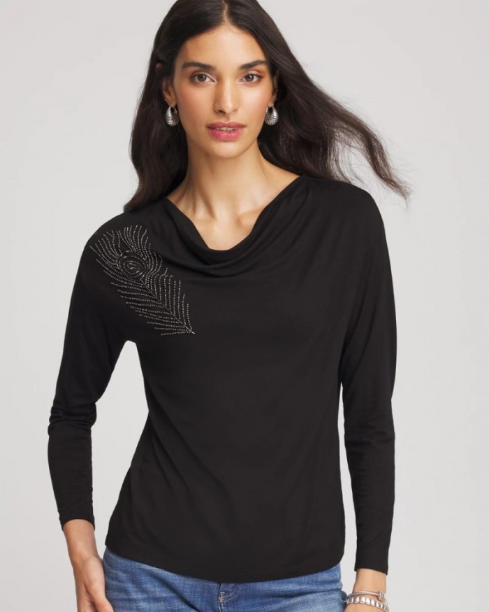 Chicos Embellished Cowlneck Dolman Tee - BLACK