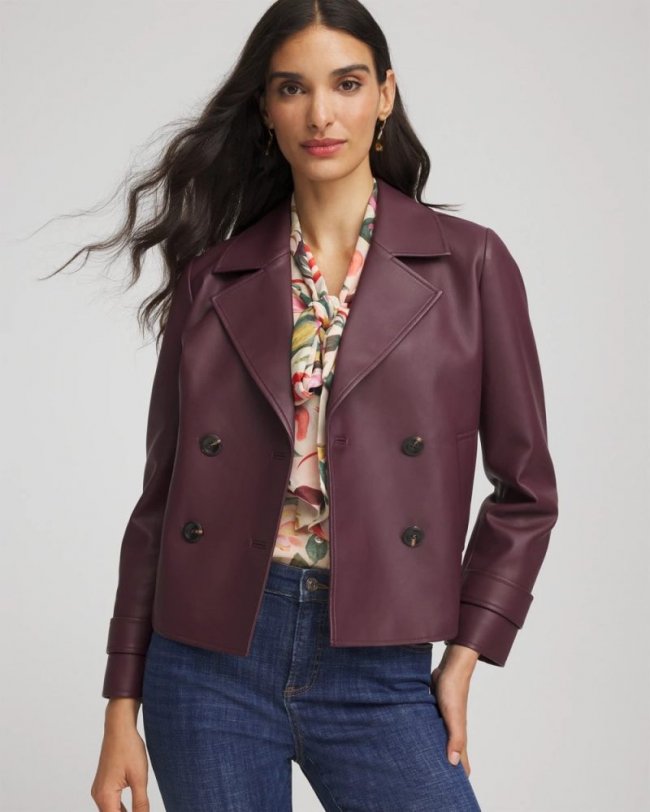 Chicos Faux Leather Trench Coat - BLACKENED BURGUNDY