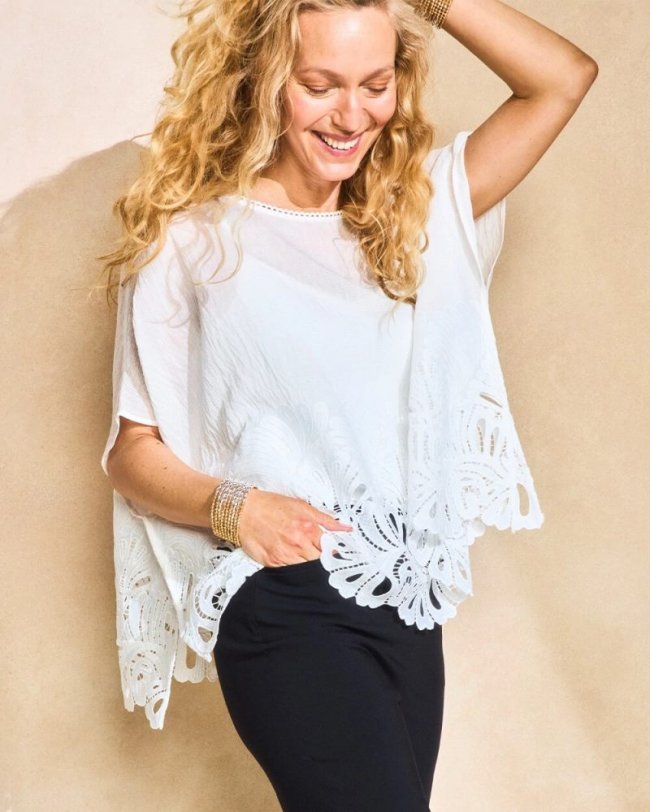 Chicos Crochet Lace Hem Poncho - ALABASTER
