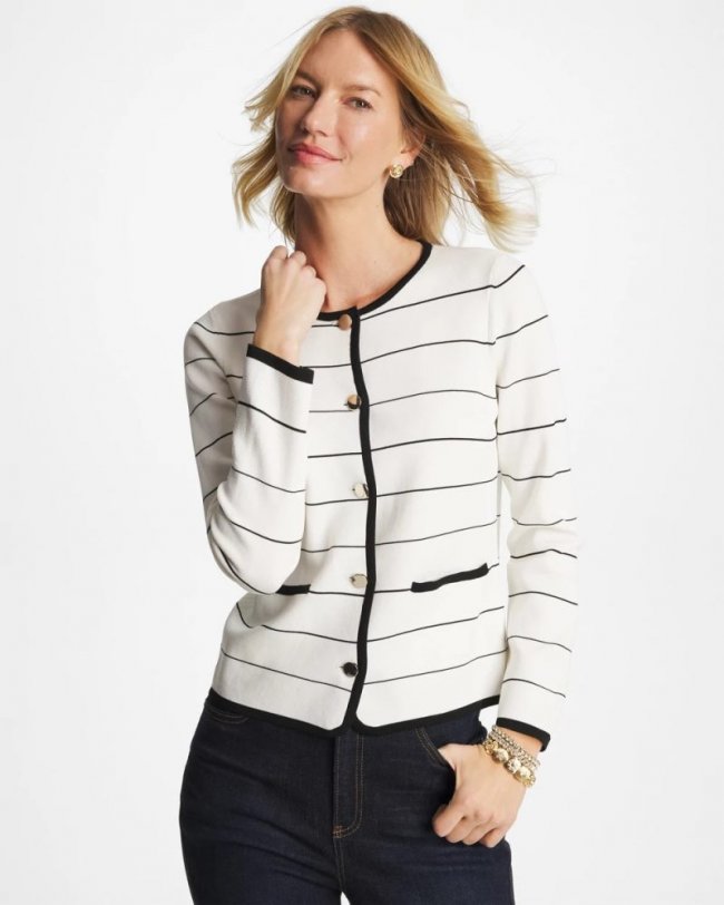 Chicos Contrast Tipped Sweater Blazer - ECRU