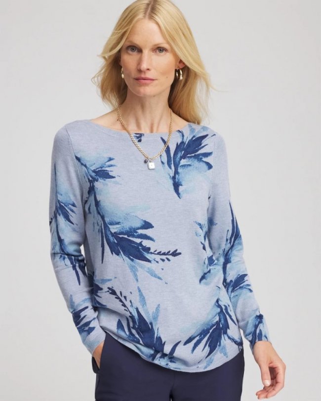 Chicos Ella Painterly Bateau Pullover Sweater - PASSPORT BLUE