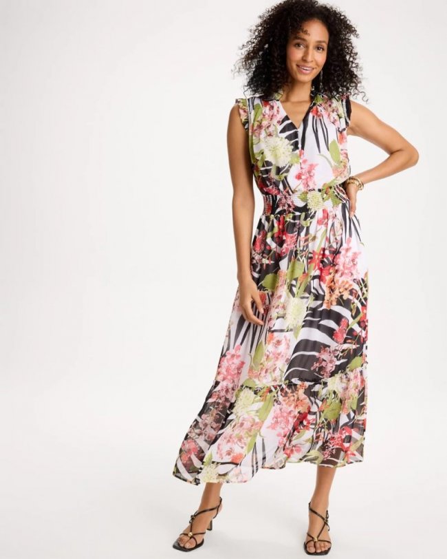 Chicos Crinkle Chiffon Animal Print Dress - BLACK