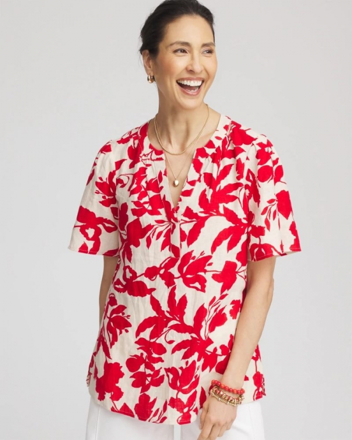 Chicos Floral Linen Popover Shirt - RED GLOW