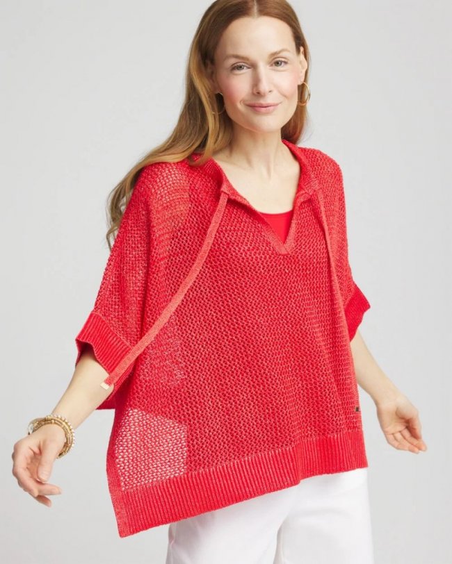 Chicos Sequin Open Knit Poncho - RED GLOW