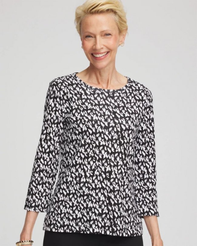 Chicos Pima Crewneck Button Tee - BLACK