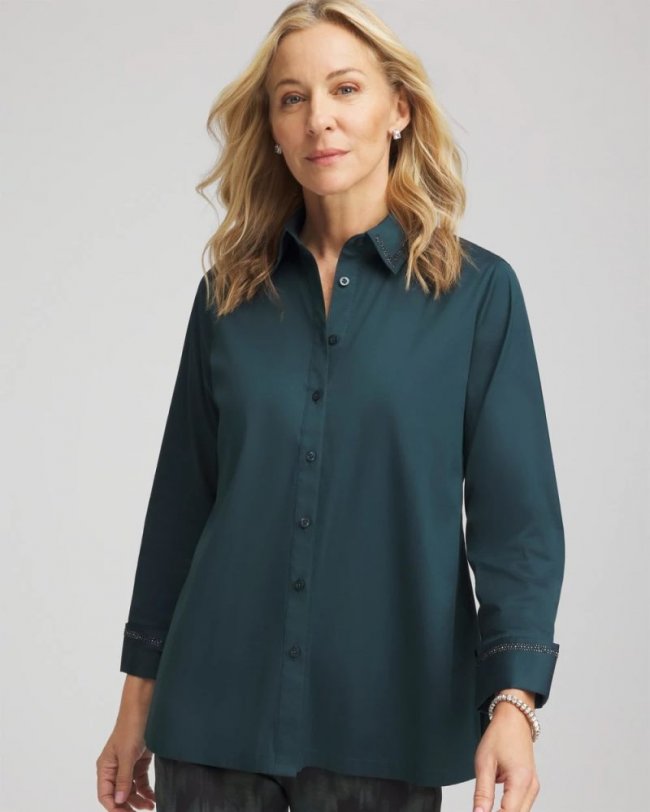 Chicos Rhinestone Embellished Poplin Tunic - TEAL SHADOW