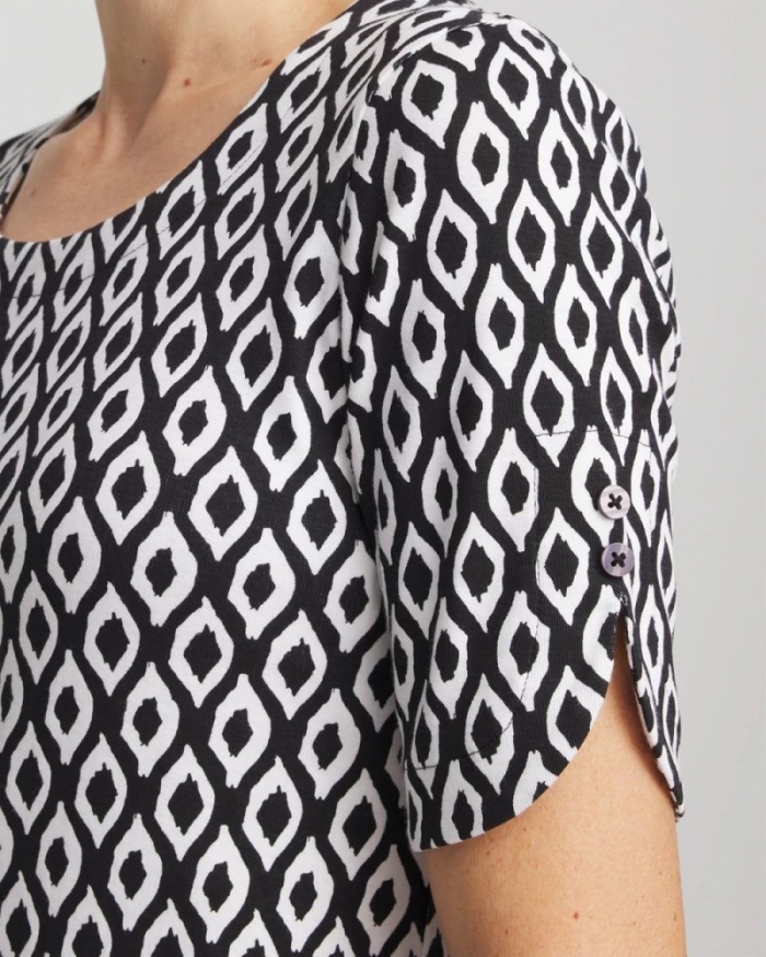 Chicos Printed Pima Elbow Sleeve Tee - BLACK