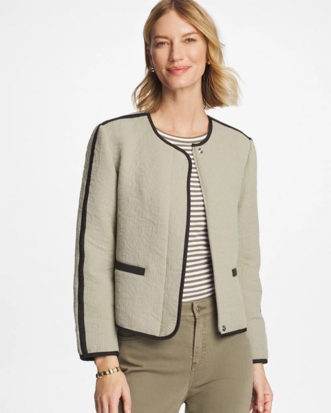 Chicos Collarless Quilted Box Jacket - SEAGRASS GREEN