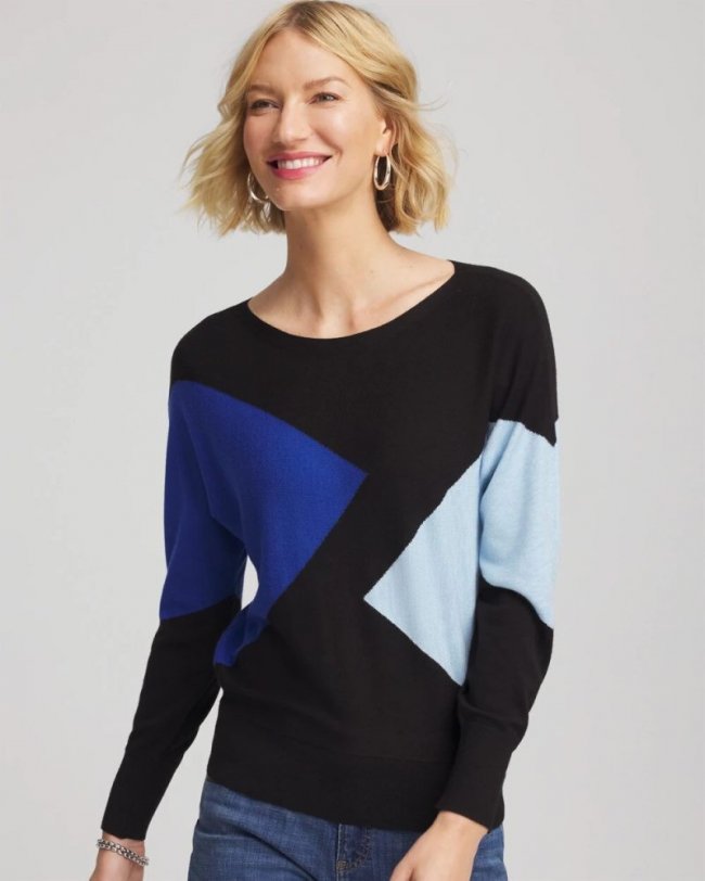 Chicos Ella Dolman Intarsia Pullover Sweater - BLACK