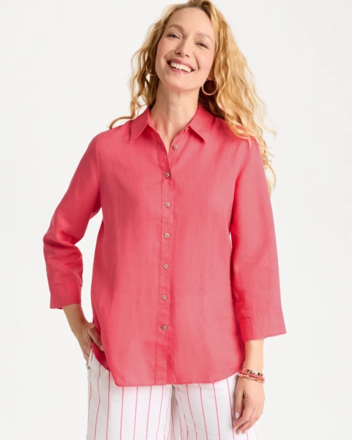 Chicos No Iron Linen Shirt - CALYPSO CORAL