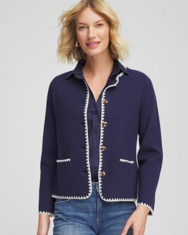 Chicos Blanket Stitch Crewneck Cardigan - PASSPORT BLUE Chicos Blanket Stitch Crewneck Cardigan - PASSPORT BLUE