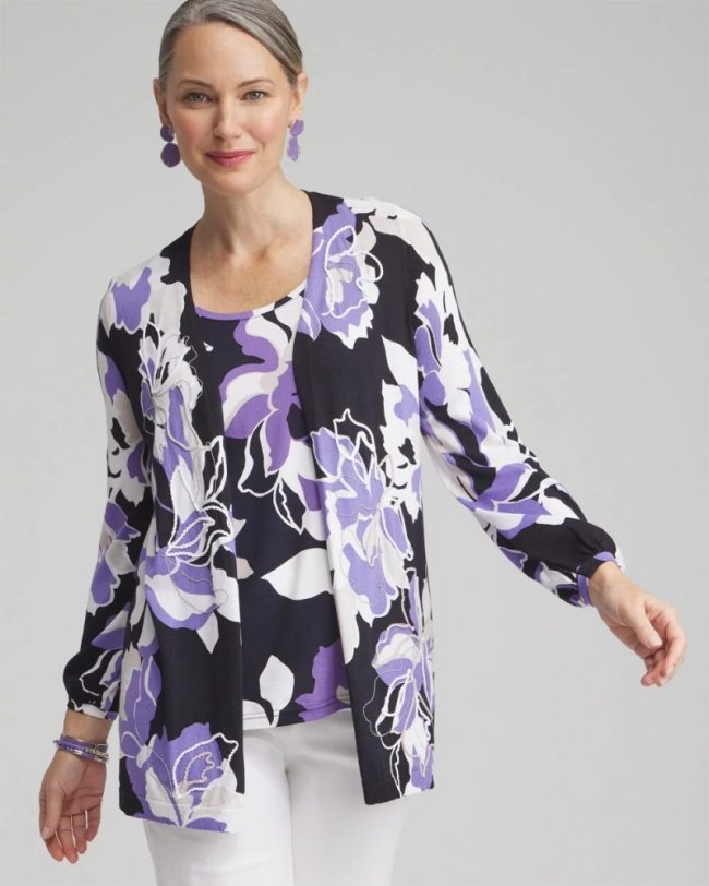 Chicos Floral Embroidered Cardigan - PARISIAN PURPLE