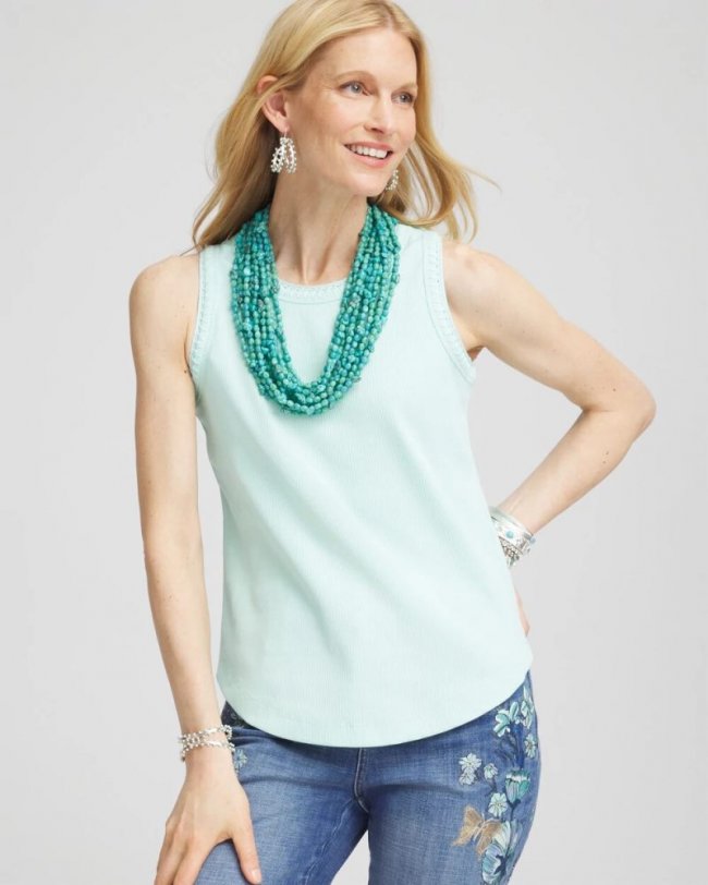 Chicos Ribbed Crochet-Trimmed Tank - TEAL WATERS