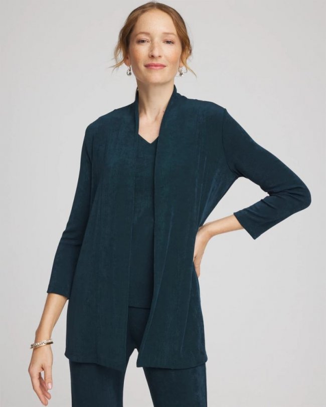 Chicos Travelers™ Long Knit Jacket - TEAL SHADOW