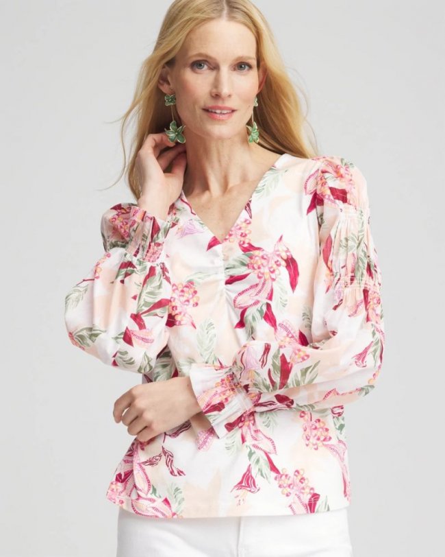 Chicos Pima Floral Smocked Long Sleeve Tee - ECRU