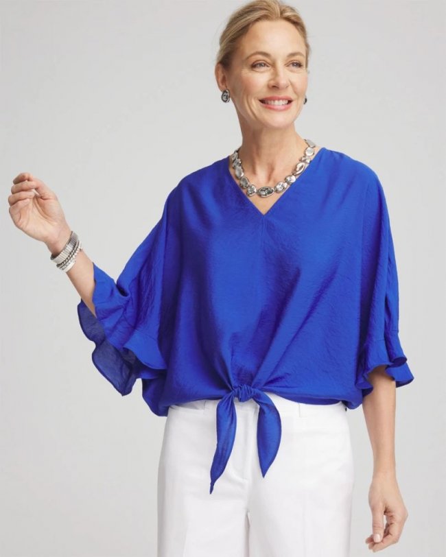 Chicos Ecovero™ Tie-Front Frill Sleeve Blouse - RICH COBALT