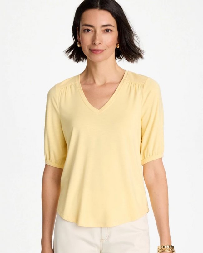 Chicos Shirred Elbow Sleeve Tee - GOLDEN HAZE