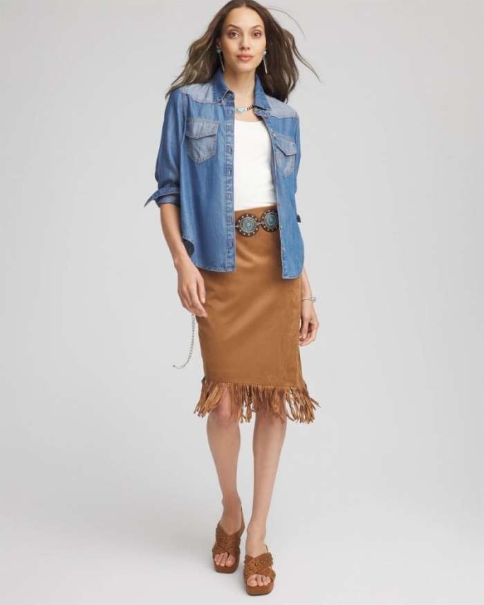 Chicos Suede Fringed Asymmetrical Skirt - BURNT SIENNA