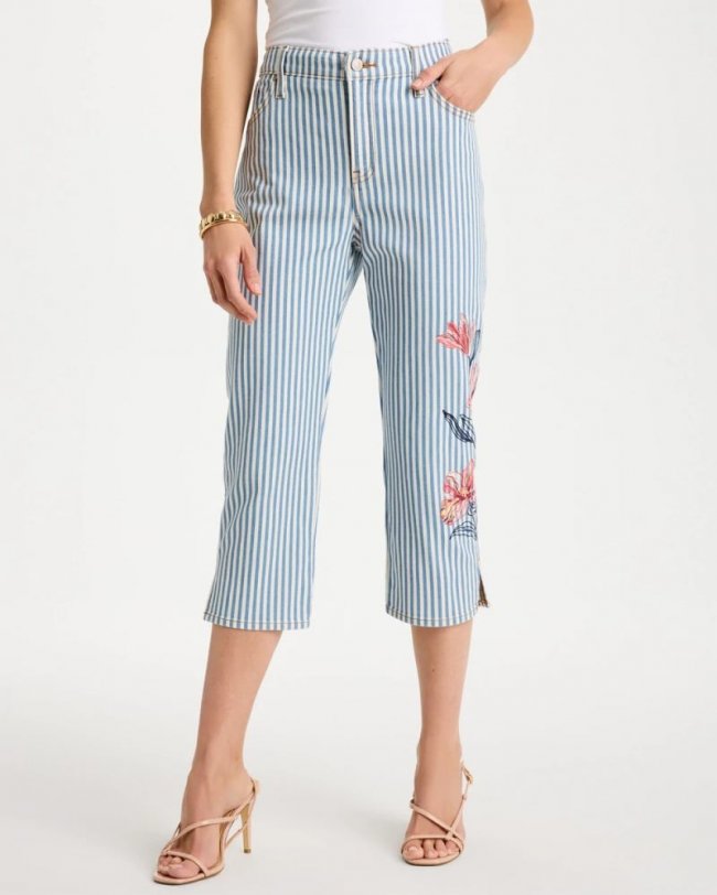 Chicos Girlfriend Slim Striped Capri Jeans - BLUE STRIPE