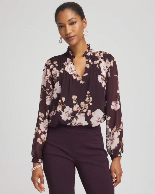 Chicos Frosty Floral Ruffleneck Blouse - NIGHT BLOOM