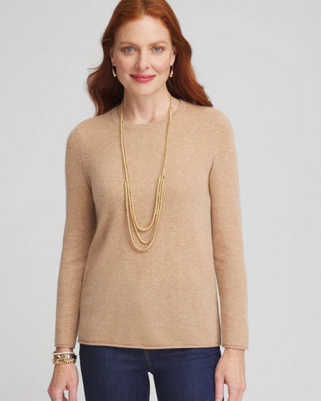 Chicos Cashmere Crewneck Sweater - CAMEL