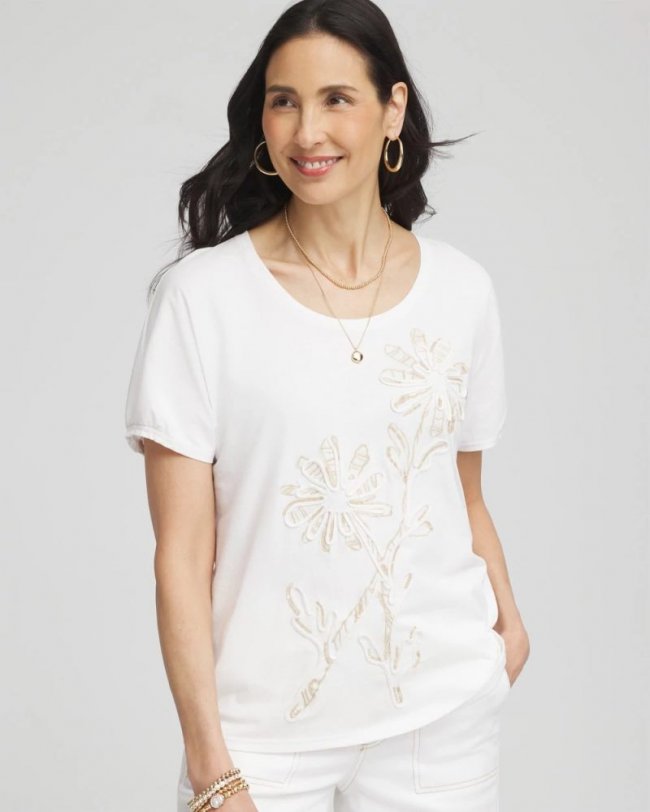 Chicos Artisanal Embroidered Short Sleeve Tee - ALABASTER