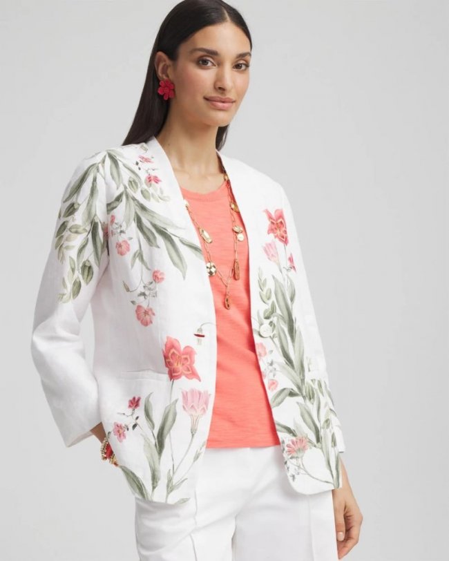 Chicos Floral Linen Non-Stretch Blazer - ALABASTER