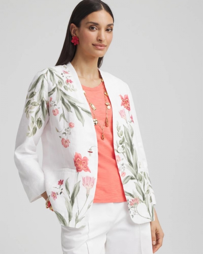 Chicos Floral Linen Non-Stretch Blazer - ALABASTER