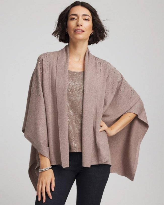 Chicos Embellished Shawl Collar Ruana - TAUPE HEATHER