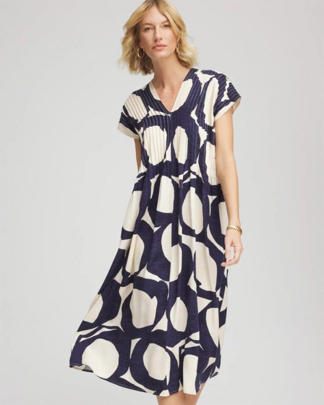 Chicos Printed Silk-Twill Popover Midi Dress - PASSPORT BLUE