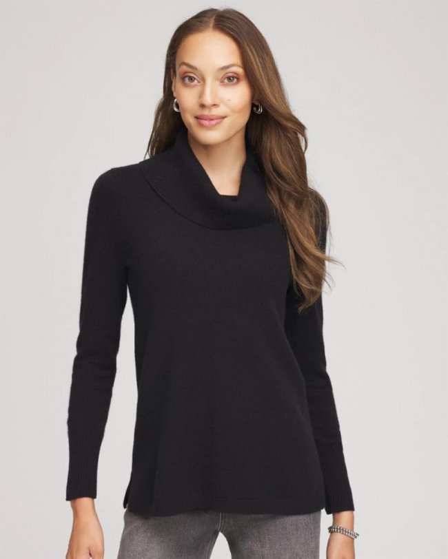 Chicos Cowlneck Cashmere Pullover Tunic - BLACK