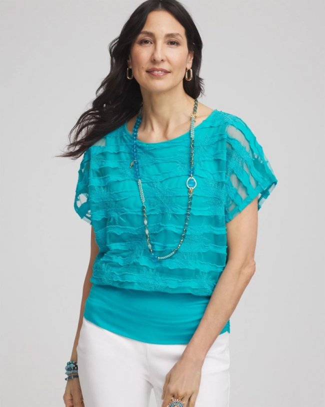 Chicos Embroidered Striped Banded Bottom Top - SEASPRAY