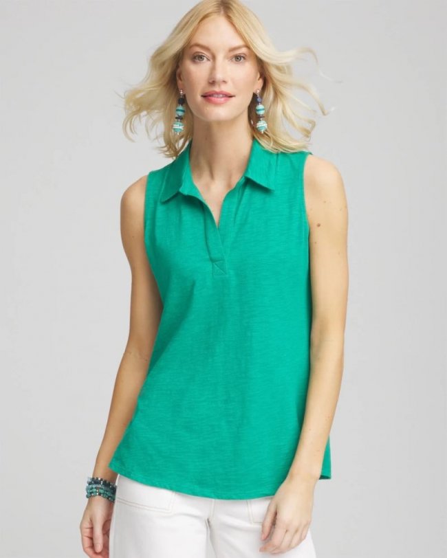 Chicos Slub Sleeveless Collared Tunic - EDEN GREEN