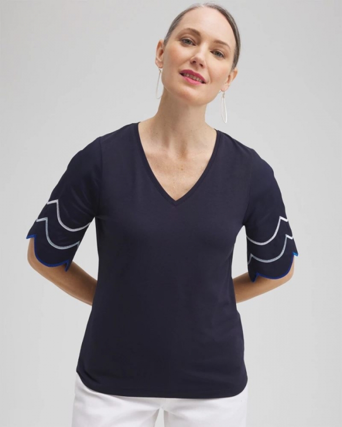 Chicos Embroidered Scallop Sleeve Top - CLASSIC NAVY