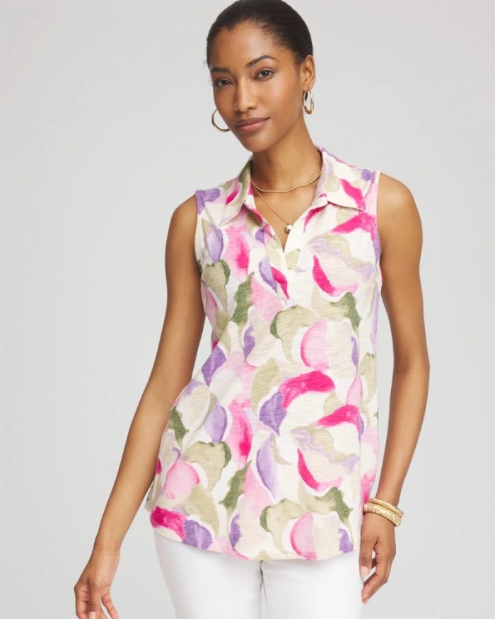 Chicos Watercolor Slub Sleeveless Collared Tunic - GLISTENING SAND